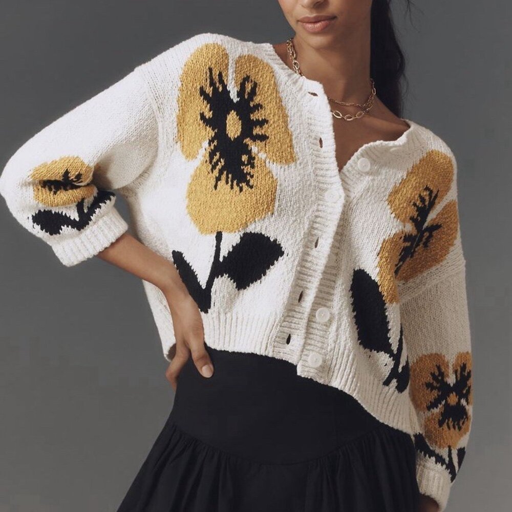 Anthropologie Maeve Elbow Sleeve Cardigan Sweater Floral Size L NWT Large - Picture 5 of 5